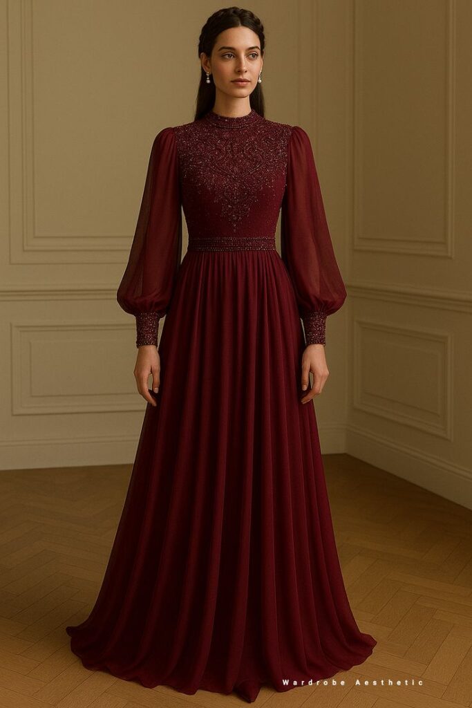 regal burgundy beaded gown