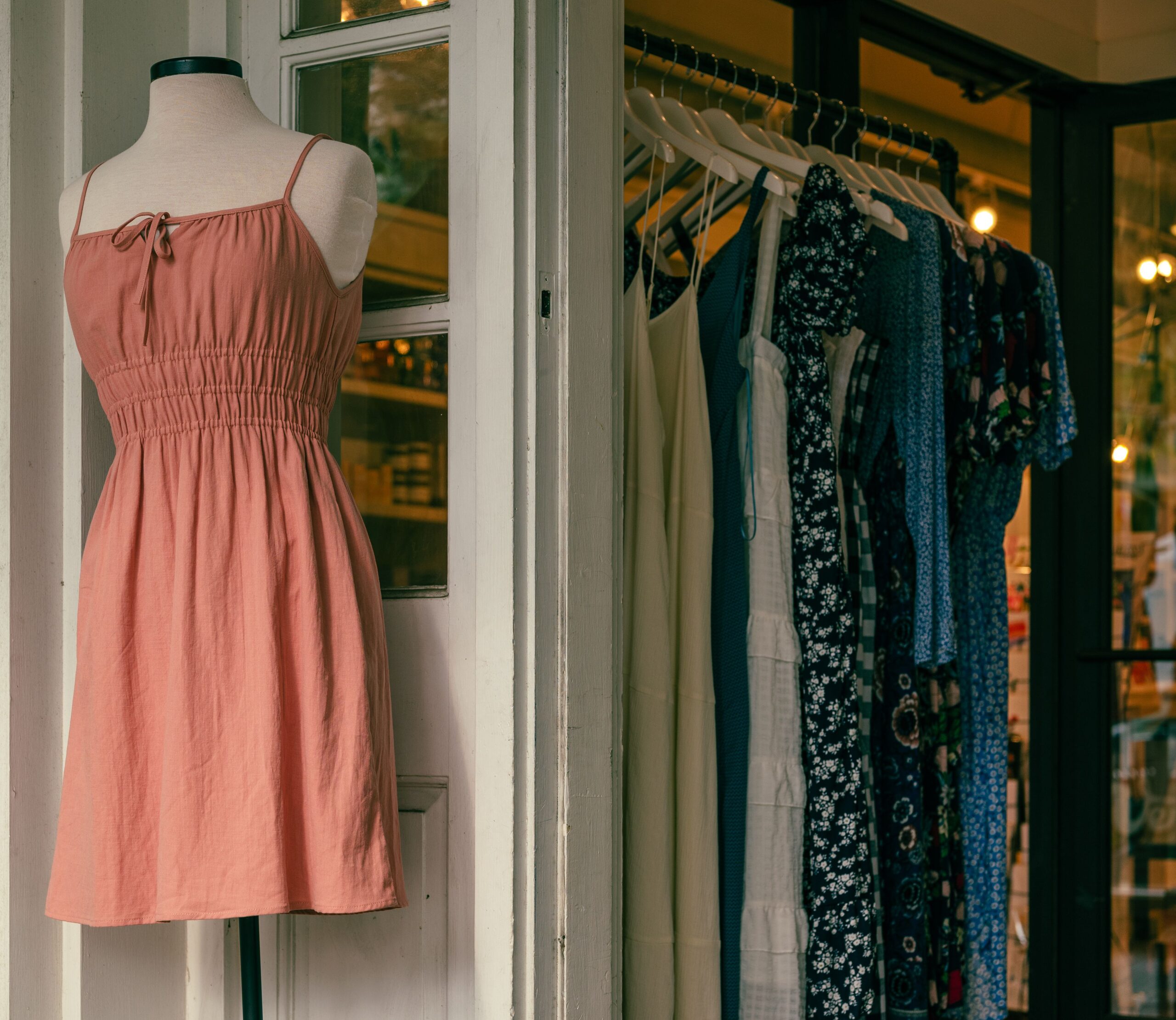 Mannequin with a pink dress and clothing rack in a stylish boutique.