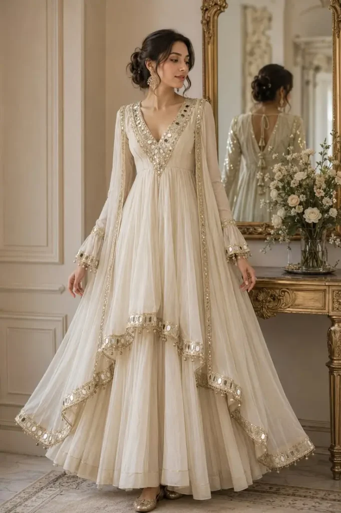 elegant ivory mirror work anarkali set luxury ethnic wedding outfit inspiration