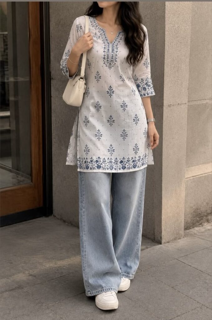 Stylish printed kurti paired with wide-leg jeans for a comfortable, casual look.
