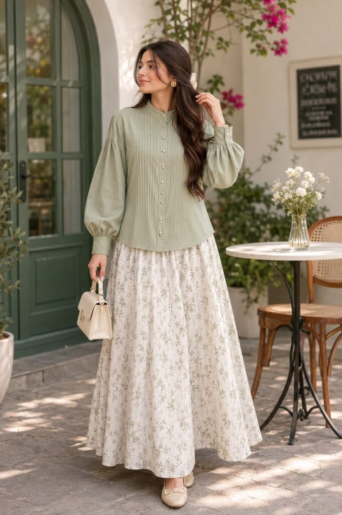 elegant sage green shirt with floral maxi skirt modest pakistani outfit inspiration 2026