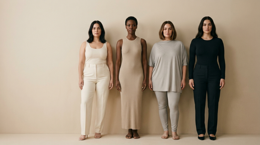 Four women showcase chic women's dresses—including a slim beige knit dress alongside matching neutral outfits—in a clean editorial studio shot.